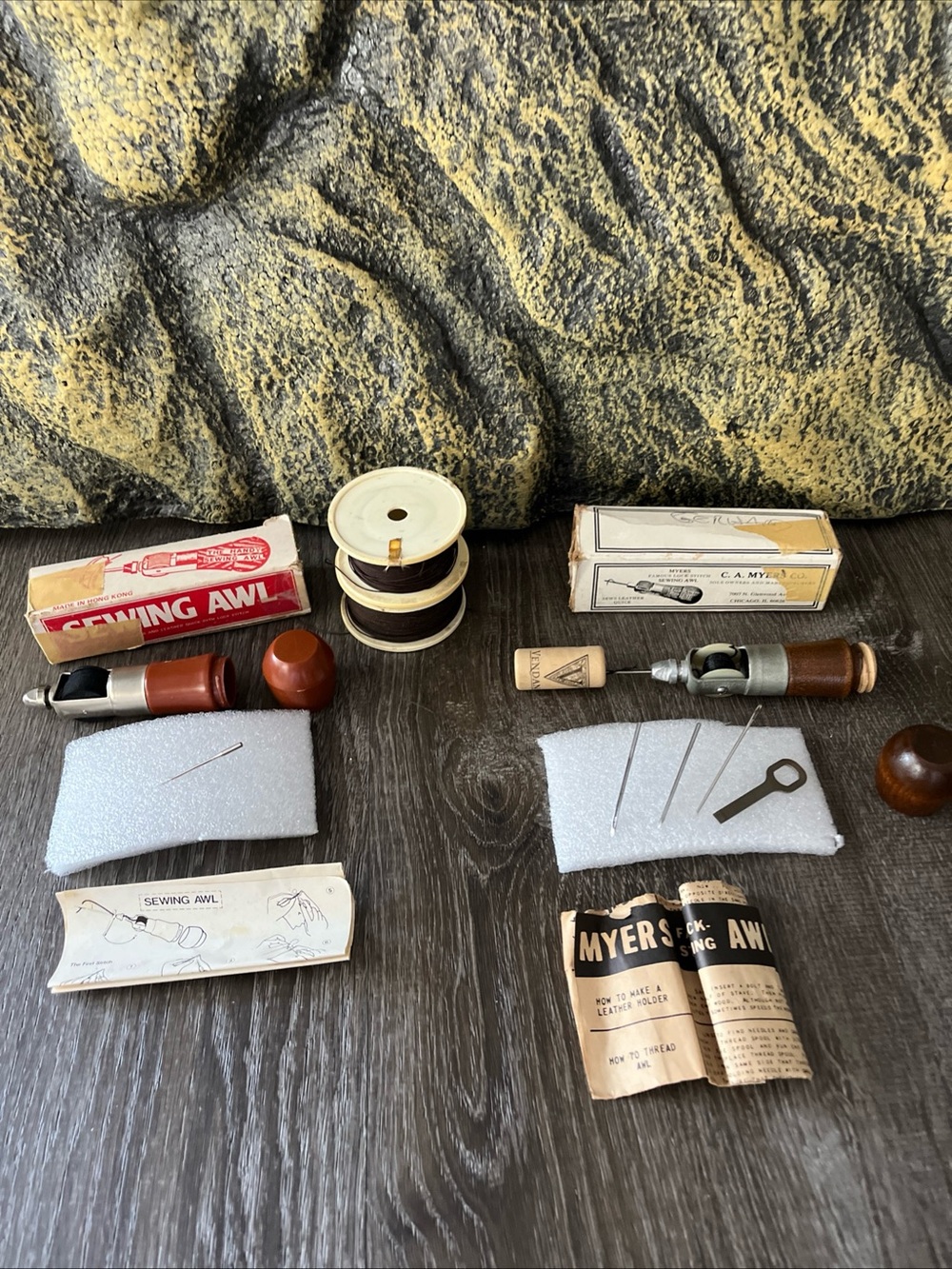 2-Vintage Sewing Awl Kit with Brown Handles and Accessories